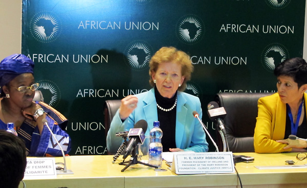 Mary Robinson speaking at the Gender is My Agenda Campaign press conference in Addis Ababa, Ethiopia
