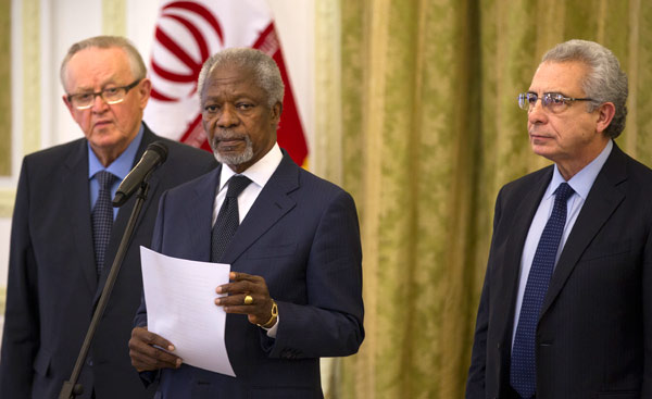 Martti Ahtisaari, Kofi Annan and Ernesto Zedillo in Tehran, 27 January 2014